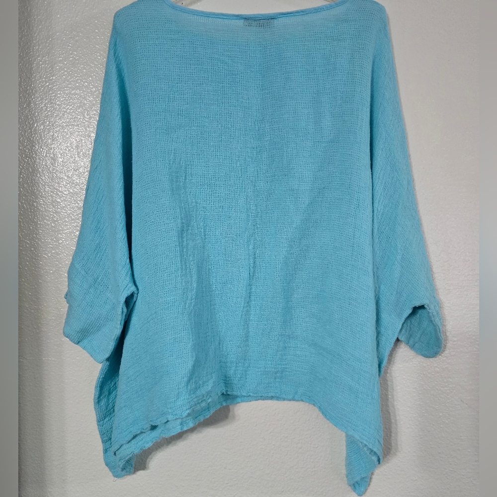 Sofia Made In Italy Linen Top L Oversized Boxy Textured Lagenlook Aqua Blue - Picture 6 of 6